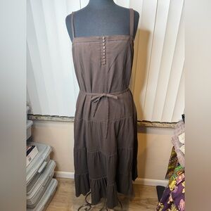 Ann Taylor Loft Brown Tiered Waist Tie 100% Cotton Summer Dress Size 14